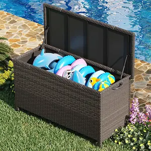 125 Gallon Large Deck Box Waterproof PE Rattan Outdoor Storage Box with Handles and Wheels, Storage Bin for Garden, Balcony, Porch, Pool, Yard,