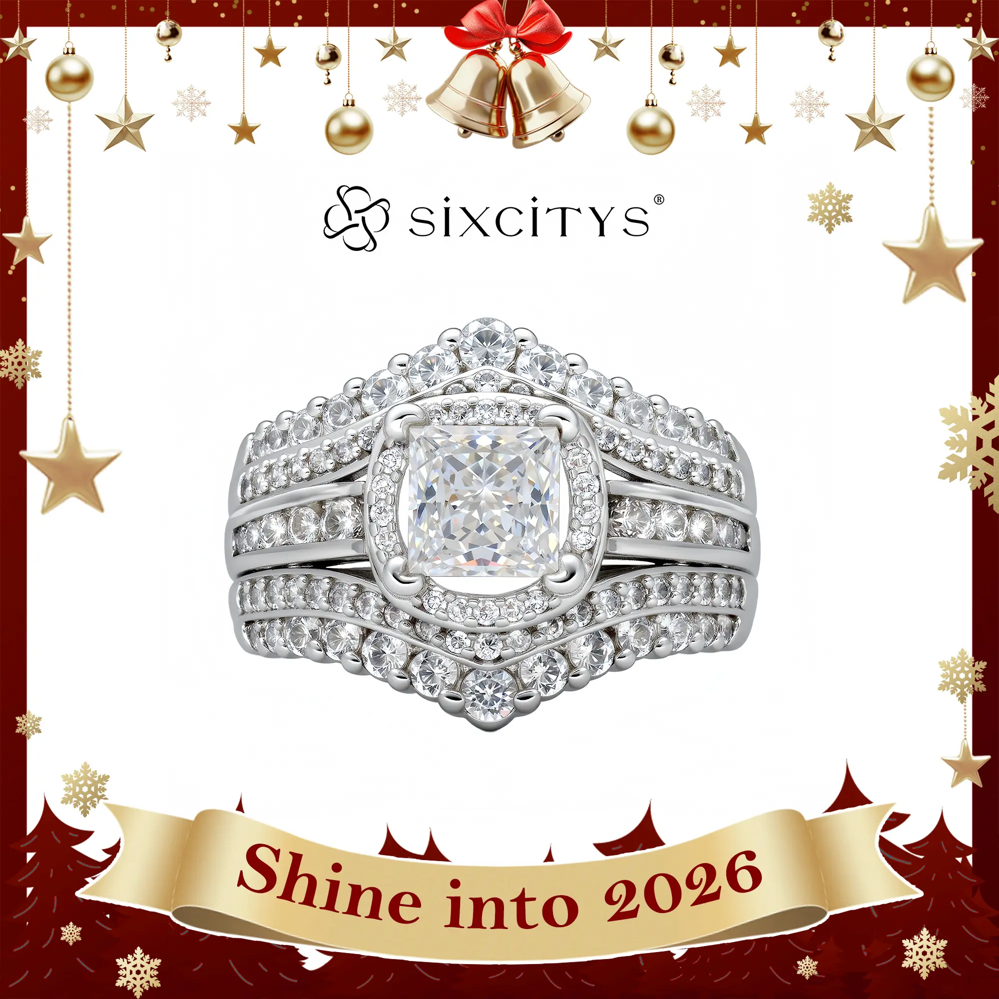 【V27】2026 Exclusive Elegant Square Shaped Rhinestone Decorated Multi-layered Cubic Zirconia Ring, Luxury Jewelry for Women, Trendy All-match & Exquisite Jewelry for Birthday Gift