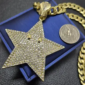 MaxBling81 Large Mario Star Punk Style Pendant with 10mm Iced Cuban Link Chain - 18in, 20in, 24in, 30in Long Chain & Link Hip Hop Necklace, Daily Fashion Accessory for Men