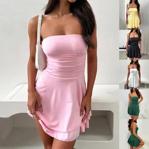 Y2K Tube-top Short Dress Summer Sexy Pleated Tight Dresses For Womens Clothing scotty  new