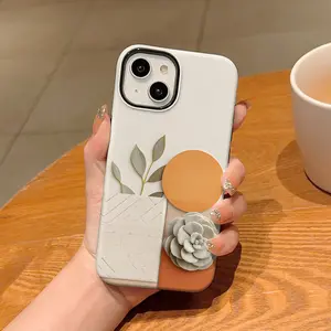 Clay Art Flower Pattern Phone Case, Shockproof Rugged Cover Dual Layer Soft TPU Hard Bumper Hard Shell for iPhone 11 12 13 14 15 16 Pro Max Plus Girly