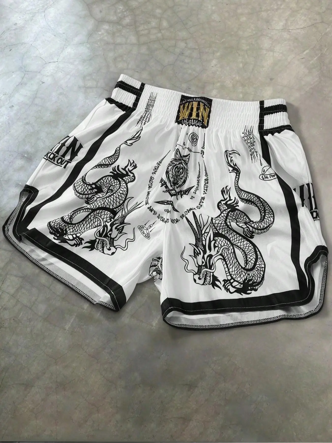 Unisex Breathable Mesh Dragon & Tiger Tattoo Print Muay Thai Shorts Athleisure Casual Sport Shorts Casual Athletic Shorts | Black/White Options High Street American Streetwear
