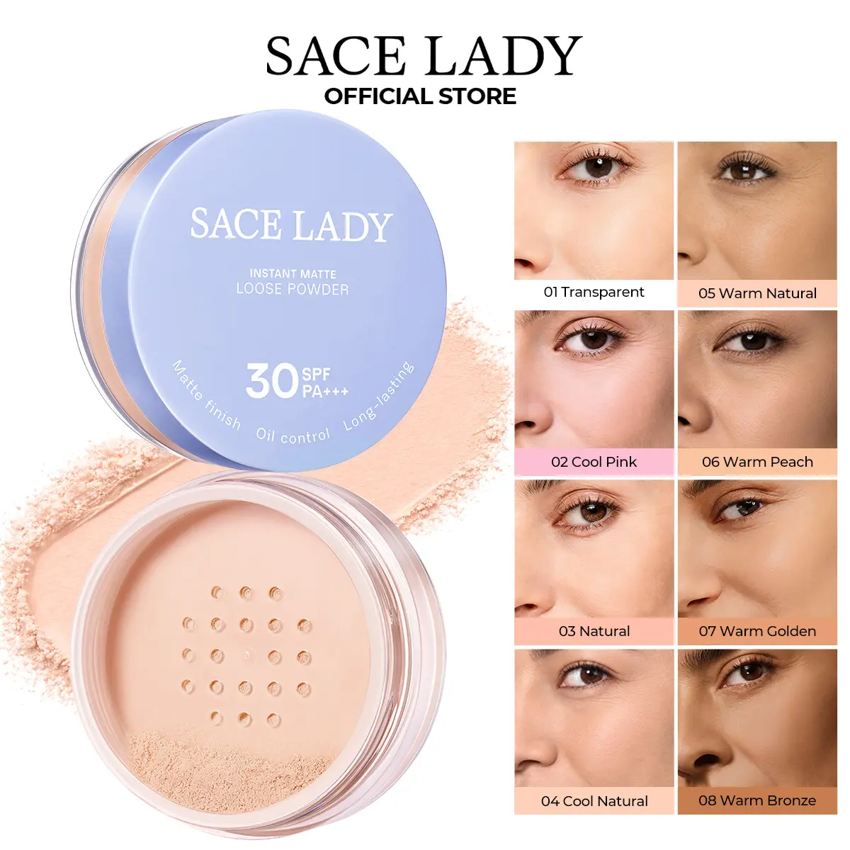 SACE LADY Instant Matte Loose Setting Powder - 01 Transparent, Portable Cosmetic, Sun Protection Powder, 12h Wear, 8 Shades, Soft-Focus Blurring, Oil Control, Poreless Finish, Compact with Brush, SPF30 PA+++, For All Skin Types, Makeup
