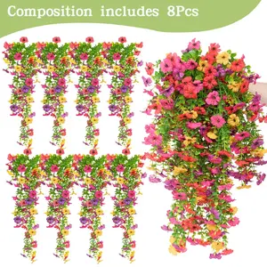 8 PCS Faux Silk Daisy with Eucalyptus Leaves, Artificial Fake Hanging Flowers Plants for Outdoor Autumn Decoration,UV Resistant Look Real Long Trailing Vines for Outside Home Indoor Planter Porch Patio Balcony Yard Decor