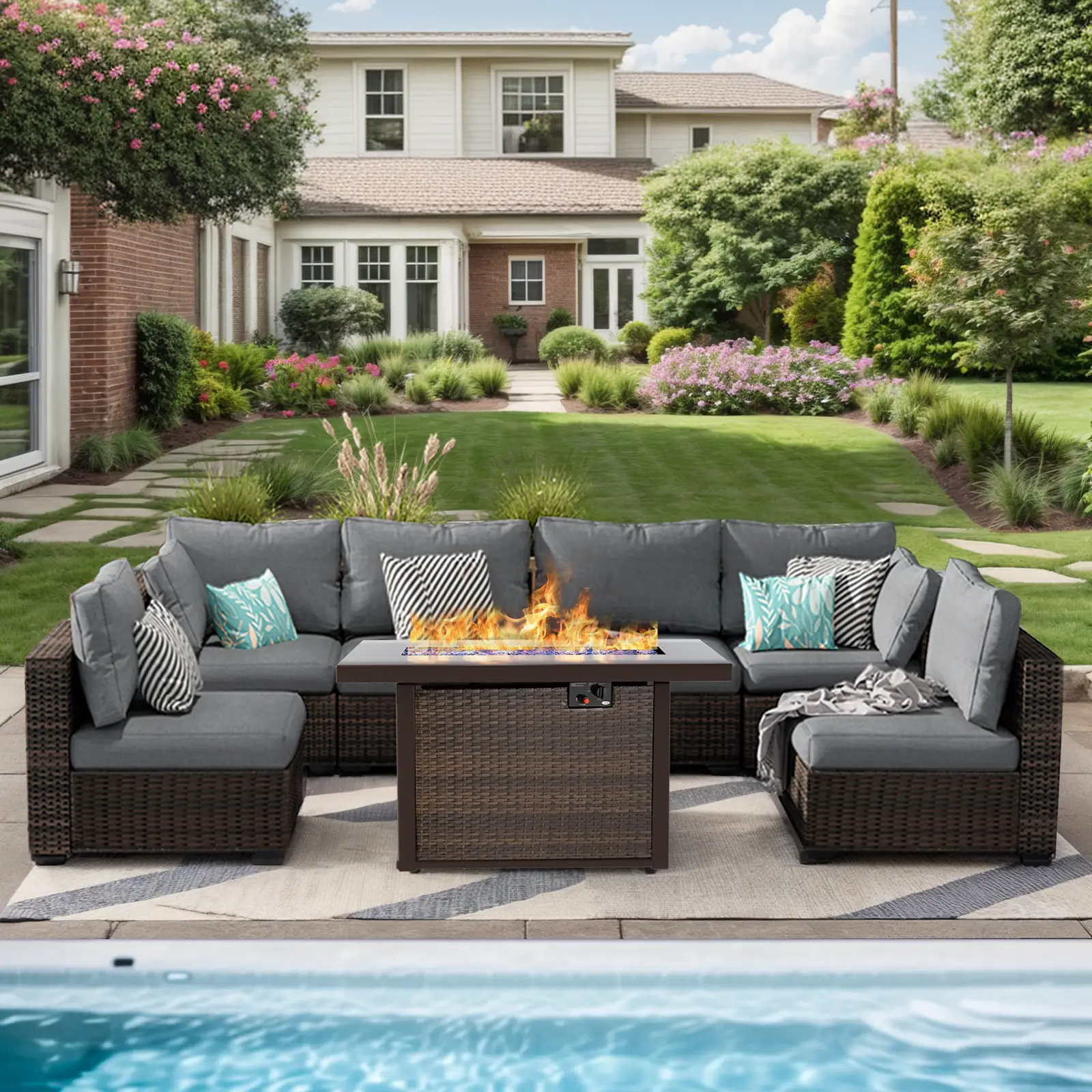 7 Pieces Patio Furniture Set with 44" Fire Pit Table, Rattan Outdoor Sectional Conversation Sets, All Weather Outdoor Furniture Set with Cushions for