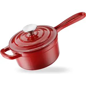 Enameled Cast Iron Sauce Pan, 1 Quart Enameled Saucepan with Lid, Mini Dutch Oven Enamel Saucepan for Cooking Pasta Sauce, Gravy, Puddings, Marinate, Boiling (Gradient Red)