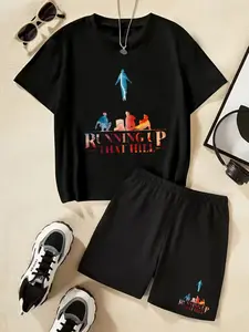 Stranger Things Running Up That Hill Printed T-Shirt Set, A Trendy Children's Short-Sleeved Short-Pants Two-Piece Outfit, Featuring Unique, Casual, Fashionable, Comfortable And Versatile Style, Ideal For Daily Wear And A Great Gift Choice