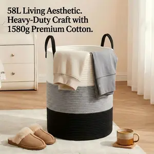 58L Aesthetic Cotton Rope Laundry Basket (Tri-Color Block/Gray/Cream), Heavy-Duty 1580g Large Clothes Hamper, Freestanding Woven Sorter for Home