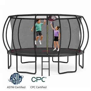 SKYBOUND Multi-Size Outdoor Trampoline (12/14/16FT) with Ladder & Basketball Hoop, ASTM Approval, Trampoline Workout Equipment, Galvanized Steel Frame, 5/6 W-Shaped Legs, Curved Safety Enclosure, UV Resistant Mat