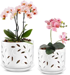 Orchid Pot with Holes, 5+6Inch Ceramic  Pots with Drainage Holes and Tray, Promoting Air Circulation and Drainage, Indoor/Outdoor White Flower Pots