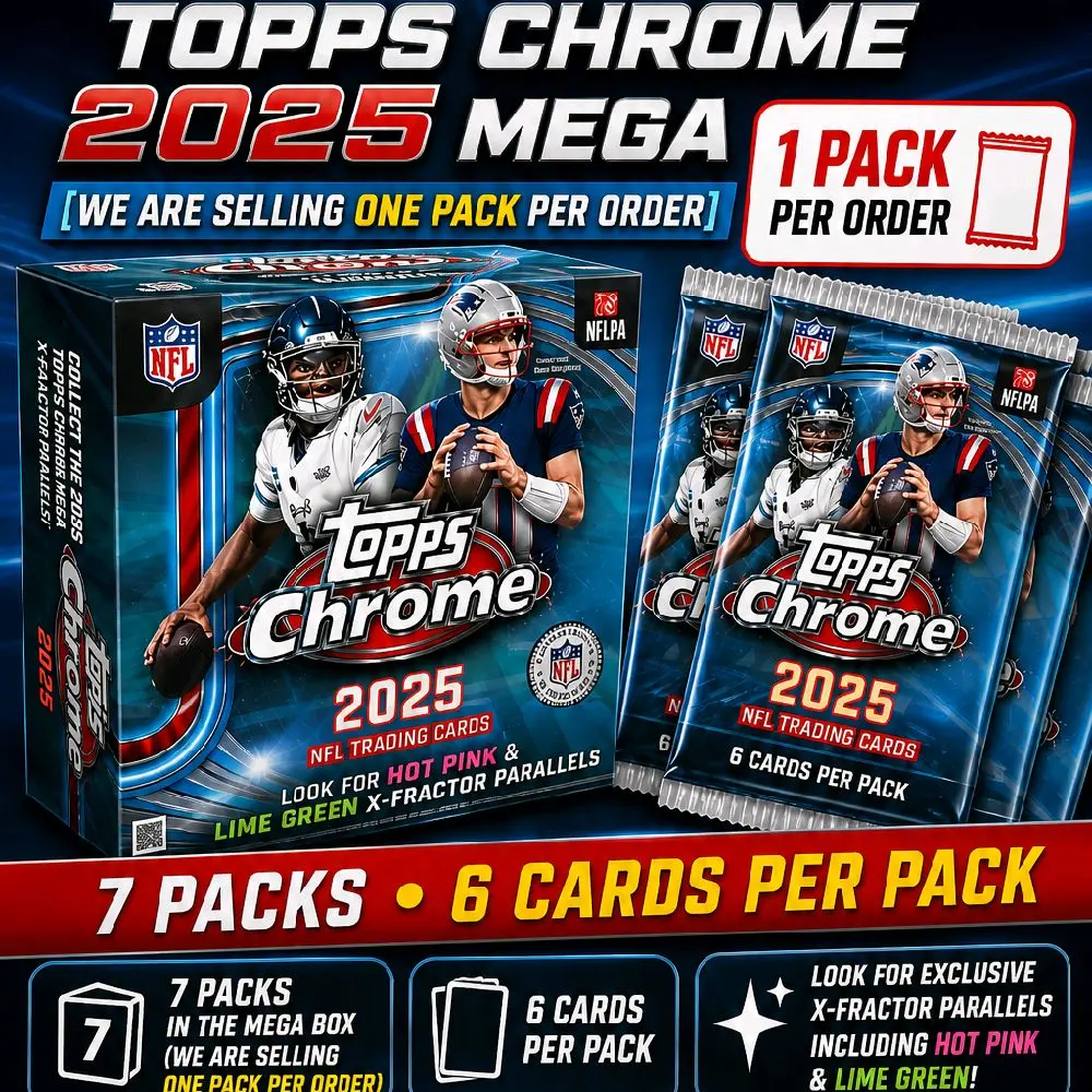 Topps Chrome 2025 Mega Box - 1 Pack per Order with 6 Cards & Exclusive X-Fractor Parallels - Hot Pink & Lime Green - Perfect for Collectors & Breakers