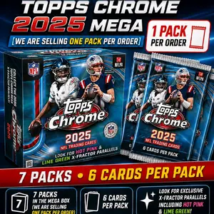 Topps Chrome 2025 Mega Box - 1 Pack per Order with 6 Cards & Exclusive X-Fractor Parallels - Hot Pink & Lime Green - Perfect for Collectors & Breakers