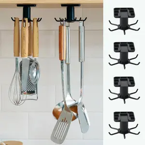 4 PCS Under Cabinet Kitchen Utensil Hooks 360° Rotation Adhesive Nail Free Hanging Rack for Kitchen Utensils, Tools, Towel, Knife (Black)