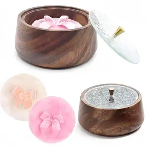 Large Body Powder Puff and Container - 5.12'' wooden loose Dusting Powder Container with 2 Soft Washable Reusable Velour Face Body Glitter Wet Dry Makeup (Wood grain, 5.12 IN)
