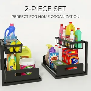 2-Tier Pull-Out Under Sink Organizer (2-Pack) | Sliding Bottom Drawer with Large Capacity for Kitchen & Bathroom Storage