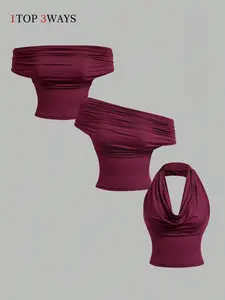 Women's Fashionable Sexy Backless Top, Versatile Ruched Halter Neck Design, Perfect for Spring & Summer, Trendy Women's Clothing, Fit, Womenswear, Trendy Choice