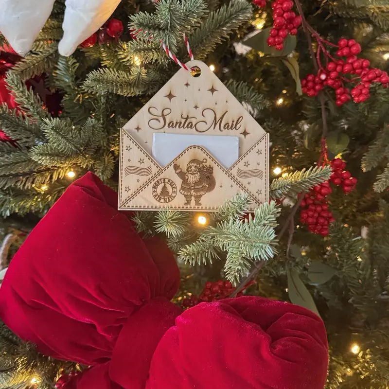 Laser Engraved Wooden Santa Envelope Christmas Ornament - Letter to Santa Holder & Gift Card Tag Decor