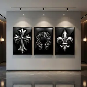 Chrome Hearts Hypebeast Wall Art Poster Set of 3, Black Silver Gothic Cross Art, Product without frame