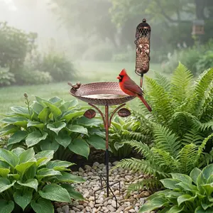 Outdoor Bird Feeder and Bird Bath Basin 11-inch Removable Basin with 34-inch Overall Height Pet Bird Outdoor Bath Basin Heavy-Duty Cast Iron Construction Includes 1 Cast Iron Bird Ornaments Easy to Clean Five-Prong Ground Spike for Enhance outdo