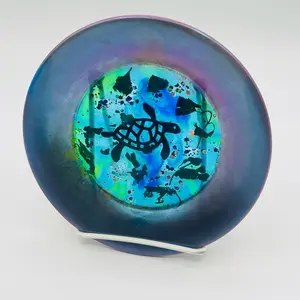 Handmade Sea Turtle Resin Plate - Colorful Design with Turtle Motif on Blue Background - Spiritual Ocean Inspired Art