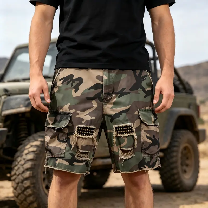 Men's Lightweight Cargo Shorts, Street Style Graffiti Fashion with Studded and Frayed Details, Relaxed Fit with Elastic Waistband, Fashion Shorts, Lightweight Fabric, Pocket