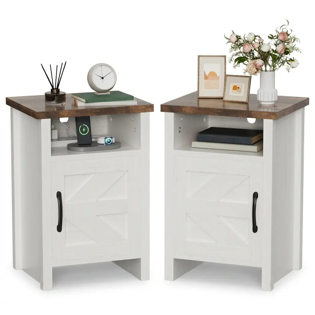 Furmax Farmhouse Nightstand Set of 2, MDF & Pine Wood Bedside Tables with Open Storage Shelf, Sturdy Rustic End Tables for Bedroom, Living Room, Small Side Tables for Home