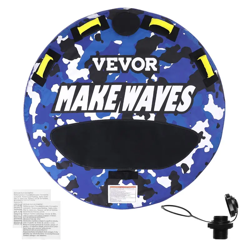 VEVOR Towable Boat Tube, 1-2 Riders 340lb Capacity 51.8 inches Round Water Sport Tube for Couples, Kids, Family - Front Tow Point, Full Nylon Cover, EVA Grab Handles, Speed Safety Valve, Boarding Strap
