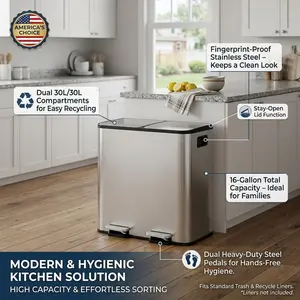 Garvee Dual Compartment Kitchen Trash Can 30L (2 x 15L) - Stainless Steel Step Recycle Bin with Removable Buckets - Soft-Close Lids & Hands-Free Pedals - Efficient Waste Separation for Home or Office