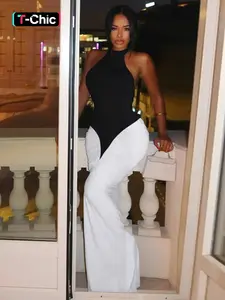 Women Summer Sexy Party Club Evening Halter Colorblock Backless Bodycon Long Dress Bodycon Dresses