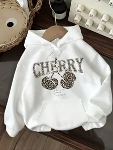 Women's Leopard Cherry Drop Shoulder Hoodie, Casual Fashion Drawstring Pocket Sweatshirt, Fall & Winter Loose Fit Pullover