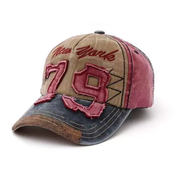 Retro washed and worn-out baseball caps for couples, duckbill caps with embroidered curved edges, Father's Day gifts, camping essentials, personalized sun hats with numbers 79 embroidered and color blocked