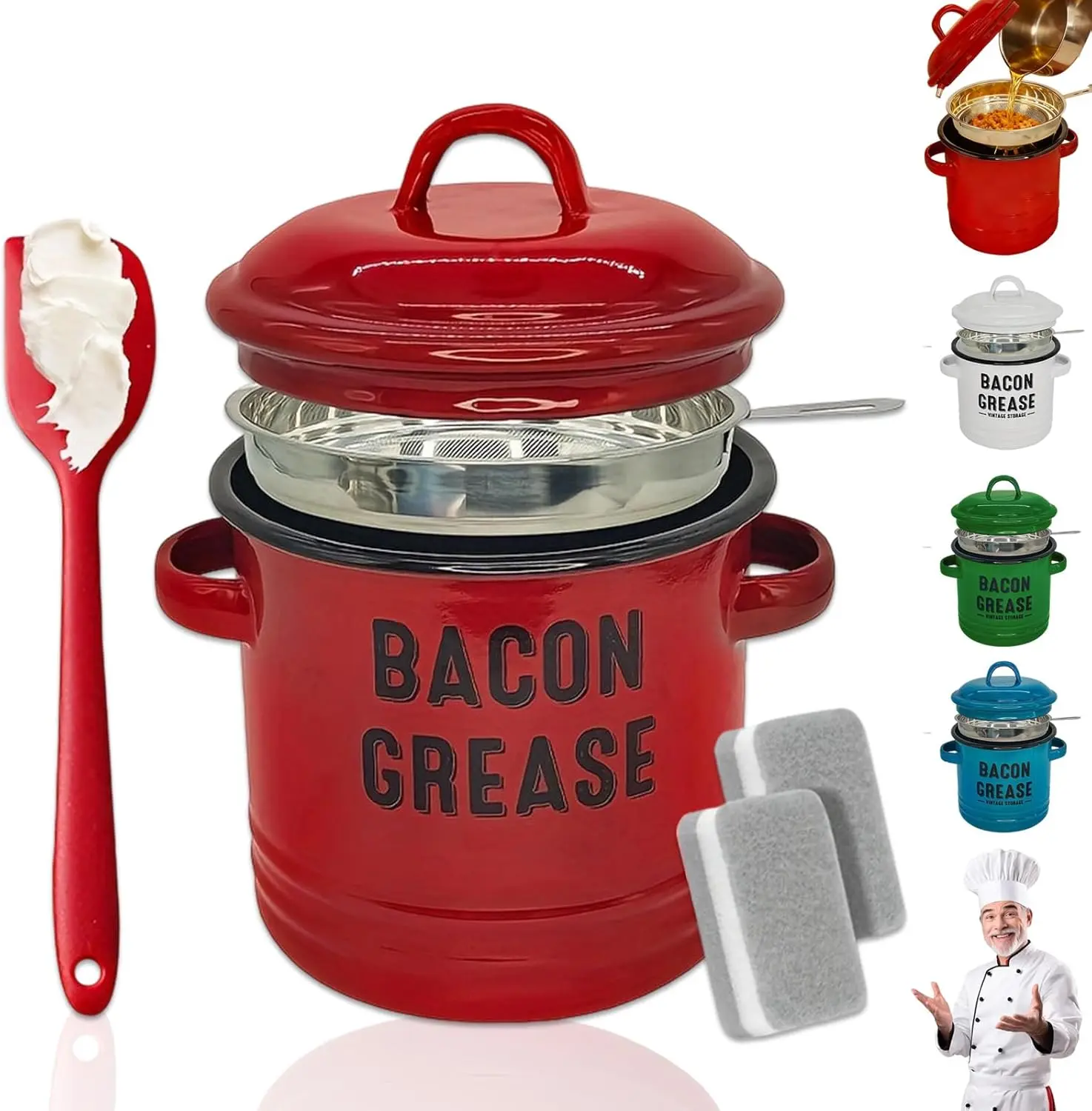 Stainless Steel Bacon Grease Storage Set- 42oz Enamel 2-Handle Bacon Grease Container with Strainer, Fine-mesh strainer catches bacon bits;Kitchen Accessories, Easy-Clean Multifunctional Kitchen Gadget Kitchenware Food