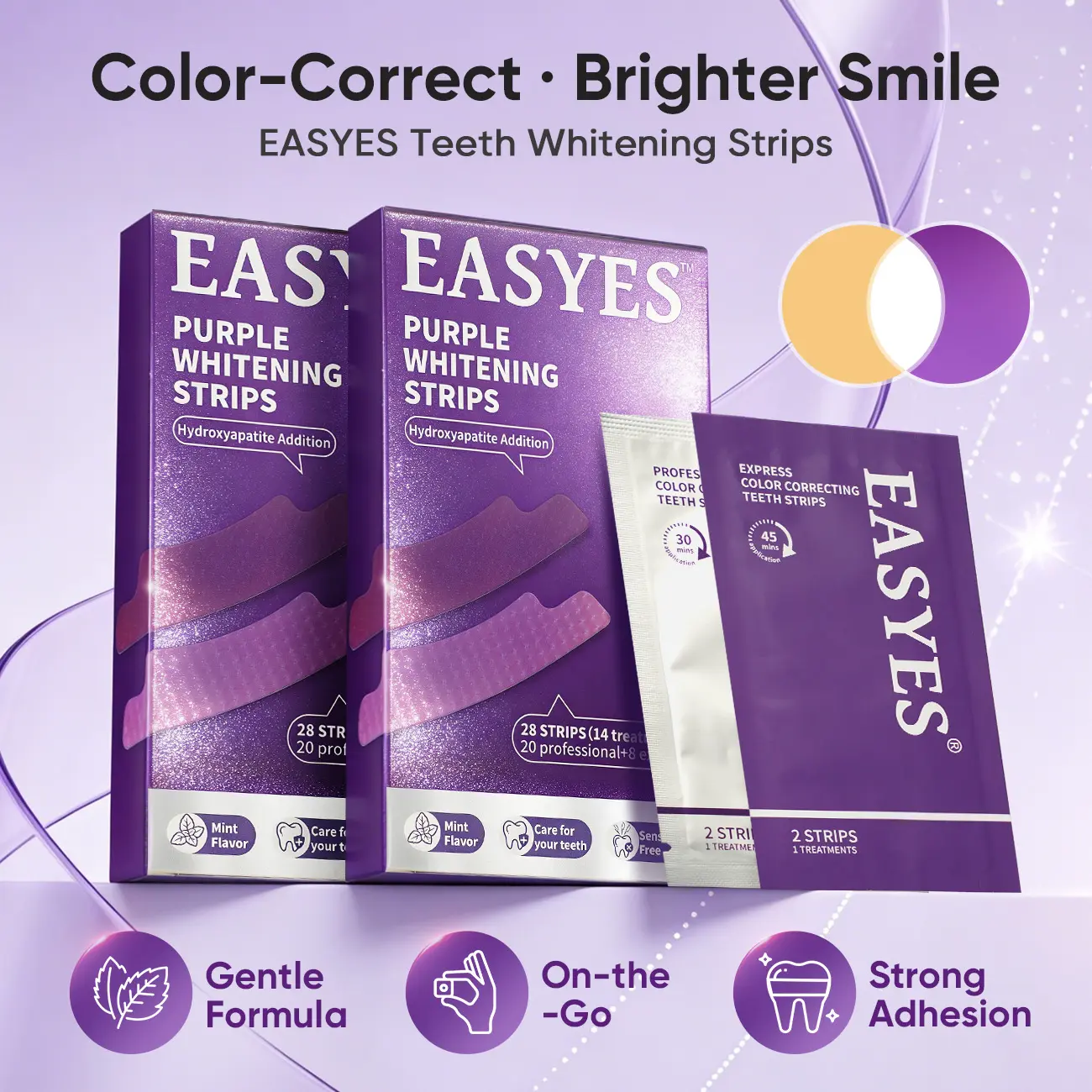 【Easyes】 Purple Teeth Whitening Strips - 7/14 Whitening Sessions Residue-Free Non-Slip Dry Strip Technology Safe for Enamel Non Sensitive Teeth Whitening Neutralizes Yellow Teeth