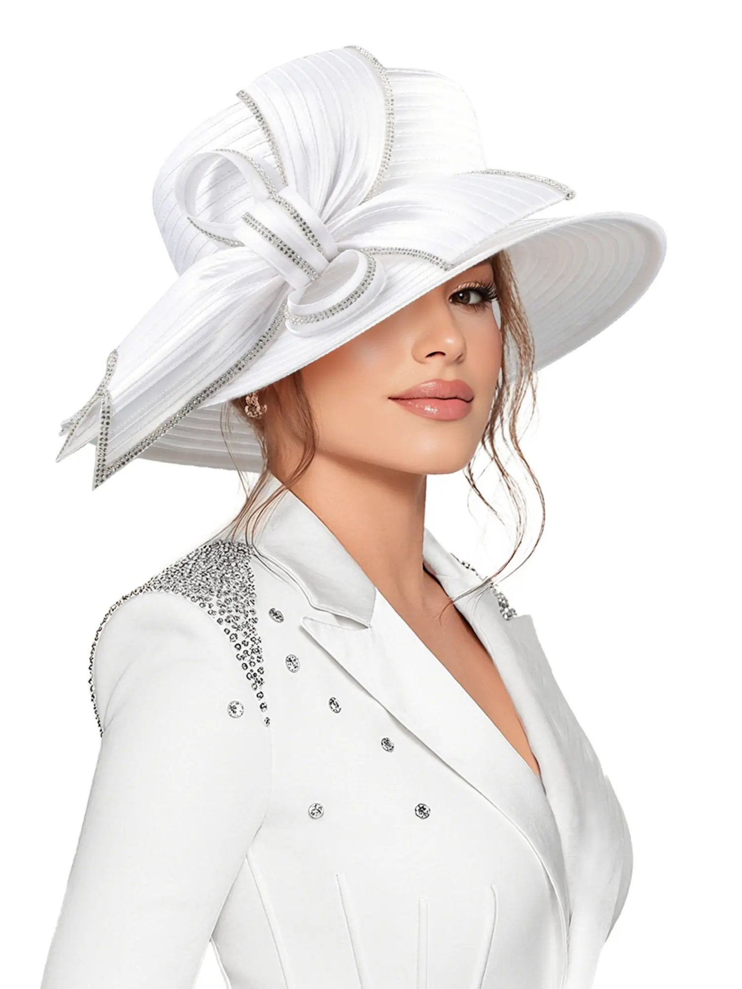 Elegant Bow Church Hat for Women, Vintage Satin Rhinestone Accents Party Hat, Wedding Bridal Hat, Fashion Wide Brim Sun Hat, Bow Detail, Fashionable Look