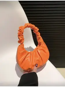 Women's Mini Solid Color Pleated Tote Bag Cloud and Crescent Moon Design