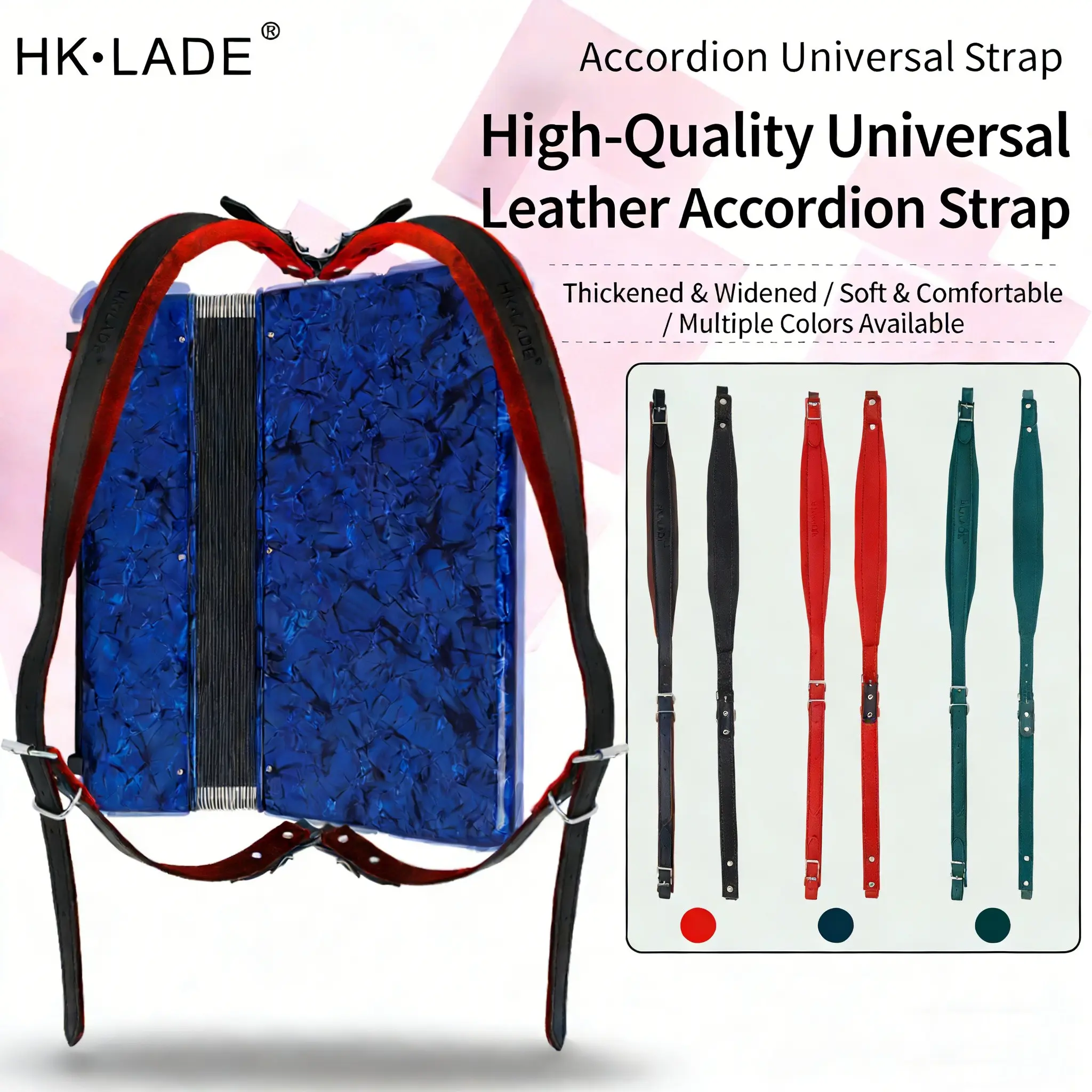 Professional Accordion Back Strap Hk Lade F-116, Adjustable Velour Leather, Universal Fit 16-120 Bass, Stage Performance Studio Recording