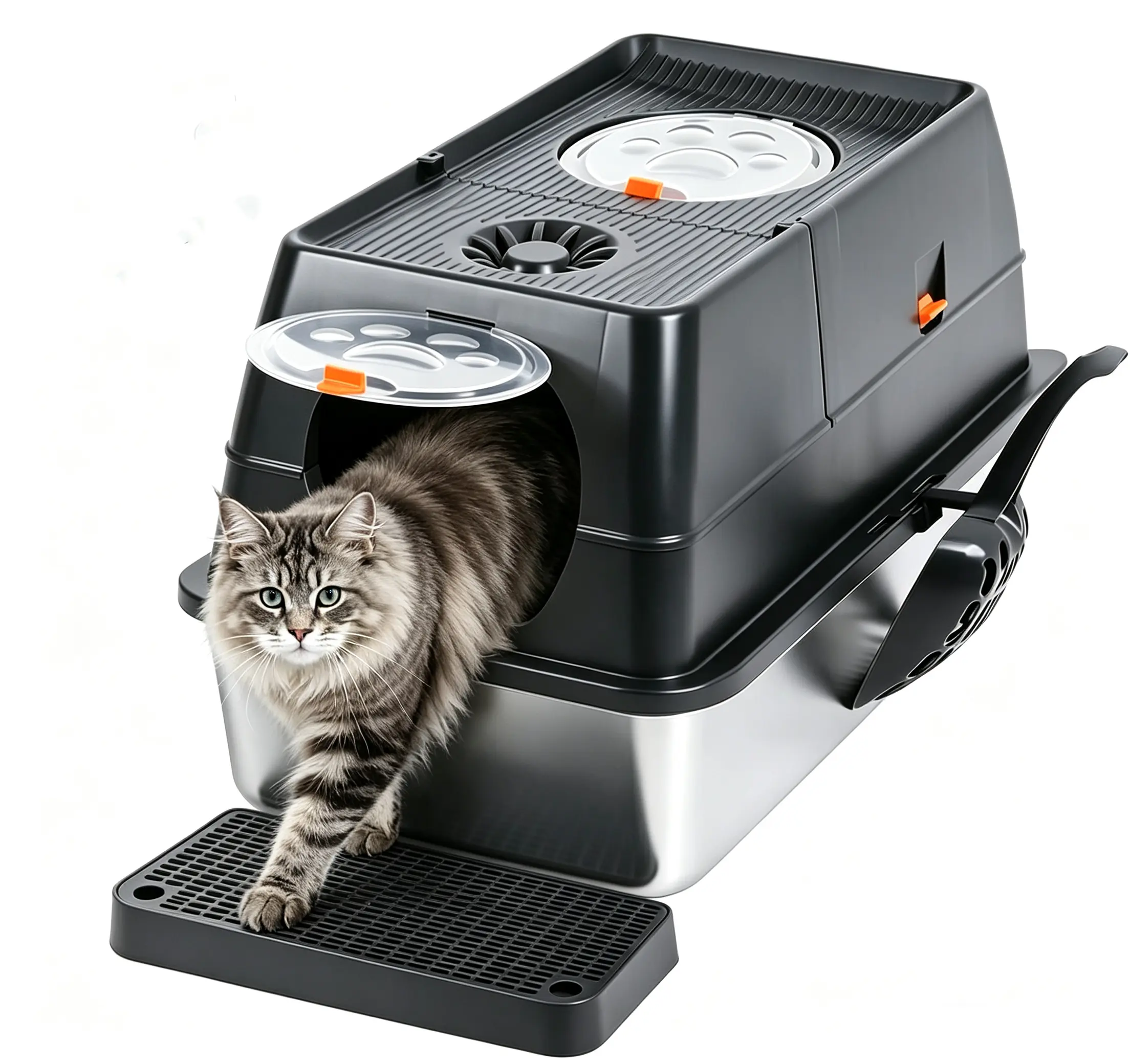 XL Large 3-in-1 Convertible Design,Petwhole Stainless Steel Cat Litter Box Set, Flip-Top Lid, Enclosed/Open Top Option, High Sides, Non-Stick Rustproof, Odor Control Deodorizing Block, Leak Proof, Easy to Clean, With Scoop, For All Cats
