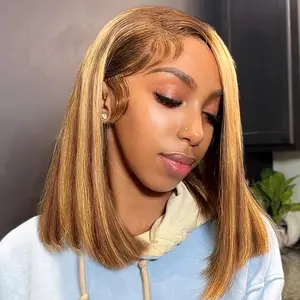 Ombre Honey Blonde Bob Wig Human Hair Highlight 13x4 Hd Lace Front Wigs Human Hair Pre Plucked 14 Inch Middle Part 4/27 Colored Glueless Lace Frontal Wigs(12 Inch, 4/27 Highlight)