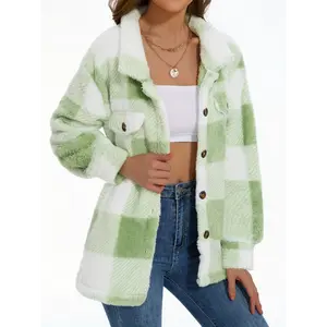 Plaid Pattern Button Front Teddy Coat,Versatile Long Sleeve Winter Thermal Outwear,Women'S Clothing fumi puffer jacket Tops Womenswear Pink Red