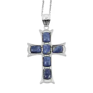 Sodalite Cross Pendant in Silvertone with Stainless Steel Necklace 20 Inches 15.00 ctw