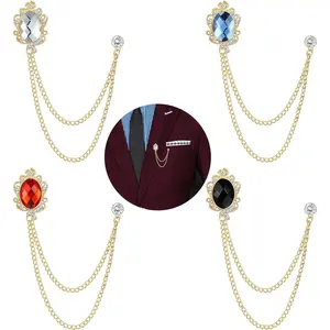 4PCS Gem Brooch Lapel Pin Chain for Men Suit Tassel Collar Chains for Shirts Badge Hanging Chains Tuxedo Accessories Colorful Hat Scarf Tie Pins for Women Men Father's Day Gift