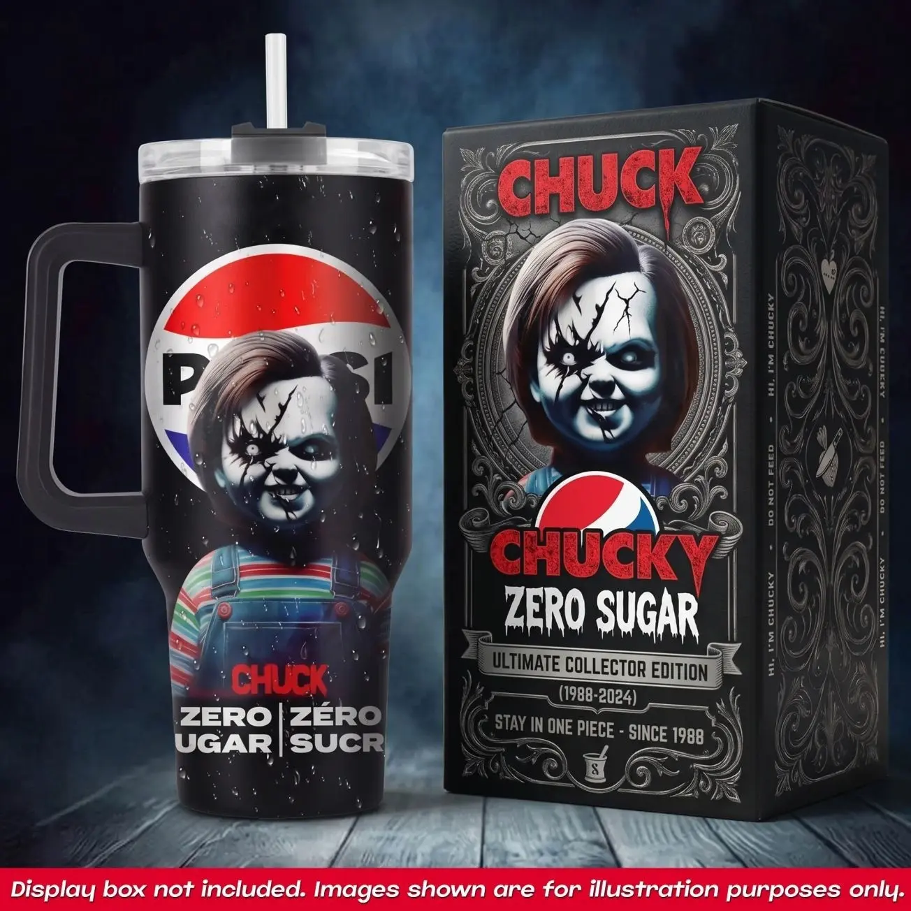 Chucky Pepsi 40oz Tumbler With Handle No Box, Zero Sugar Zero Sucre Travel Mug, Killer Doll Good Guy Insulated Cup, Horror Movie Soda Drinkware, Halloween Stainless Steel Coffee Water Tumbler, Ultimate Collector Edition Spooky Gifts