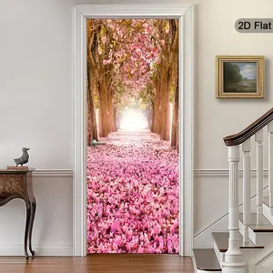 2D Flat Cherry Blossom Sticker Door Art, Spring Scene Wall Decor, Flower Self-Adhesive Door Sticker, Quiet Garden Home Decoration