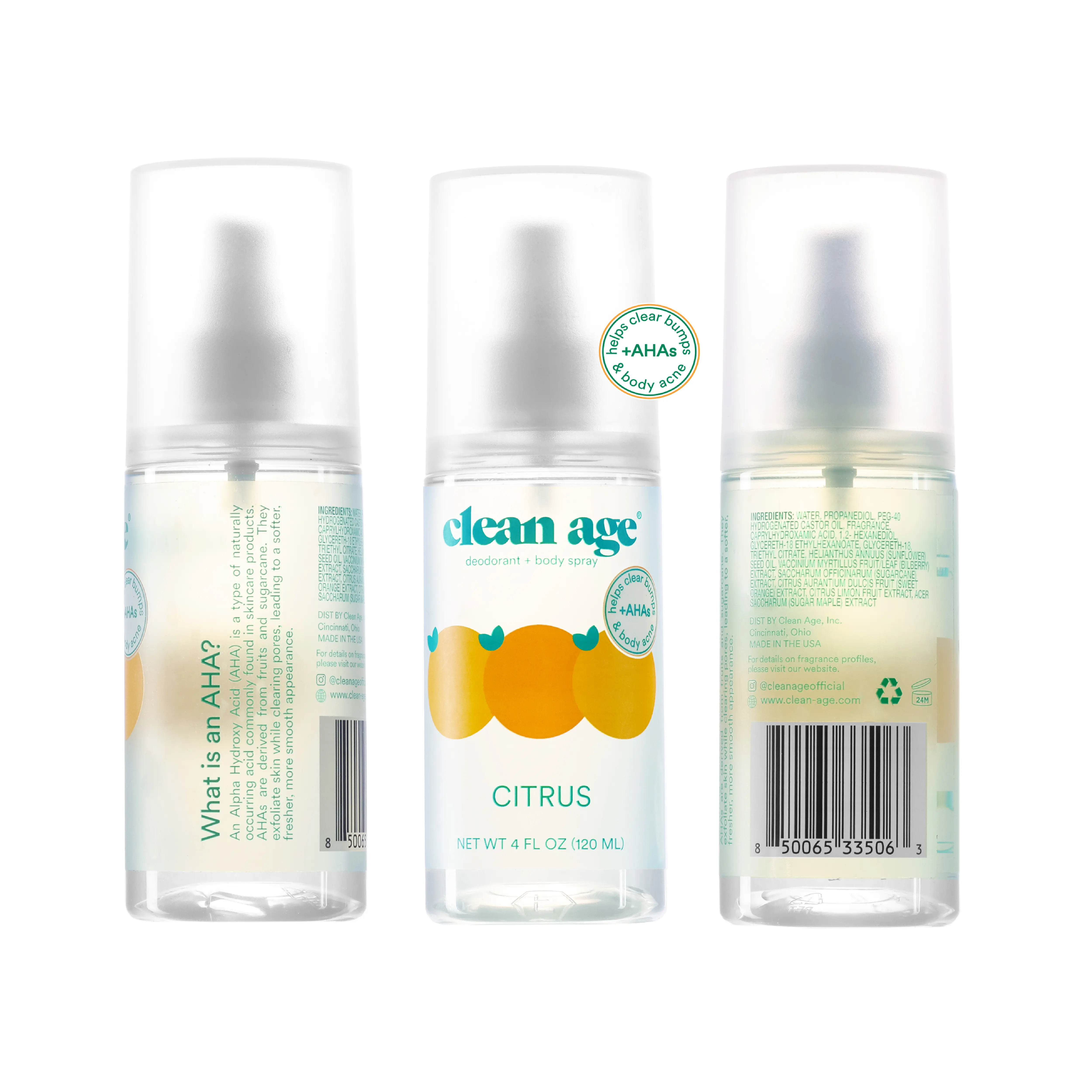 Clean Age Aluminum-Free Deodorant & Body Spray for Whole Body (4 oz) Citrus Scent, Body Acne Spray