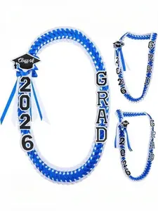 2026 Graduation Leis for Him Her - Hand-Woven Blue Braided Ribbon Lei with GRAD Letters & Cap Charm, Adjustable Graduation Money Lei with Safety Pins for Class of 2026 Graduation Ceremony Party Favors