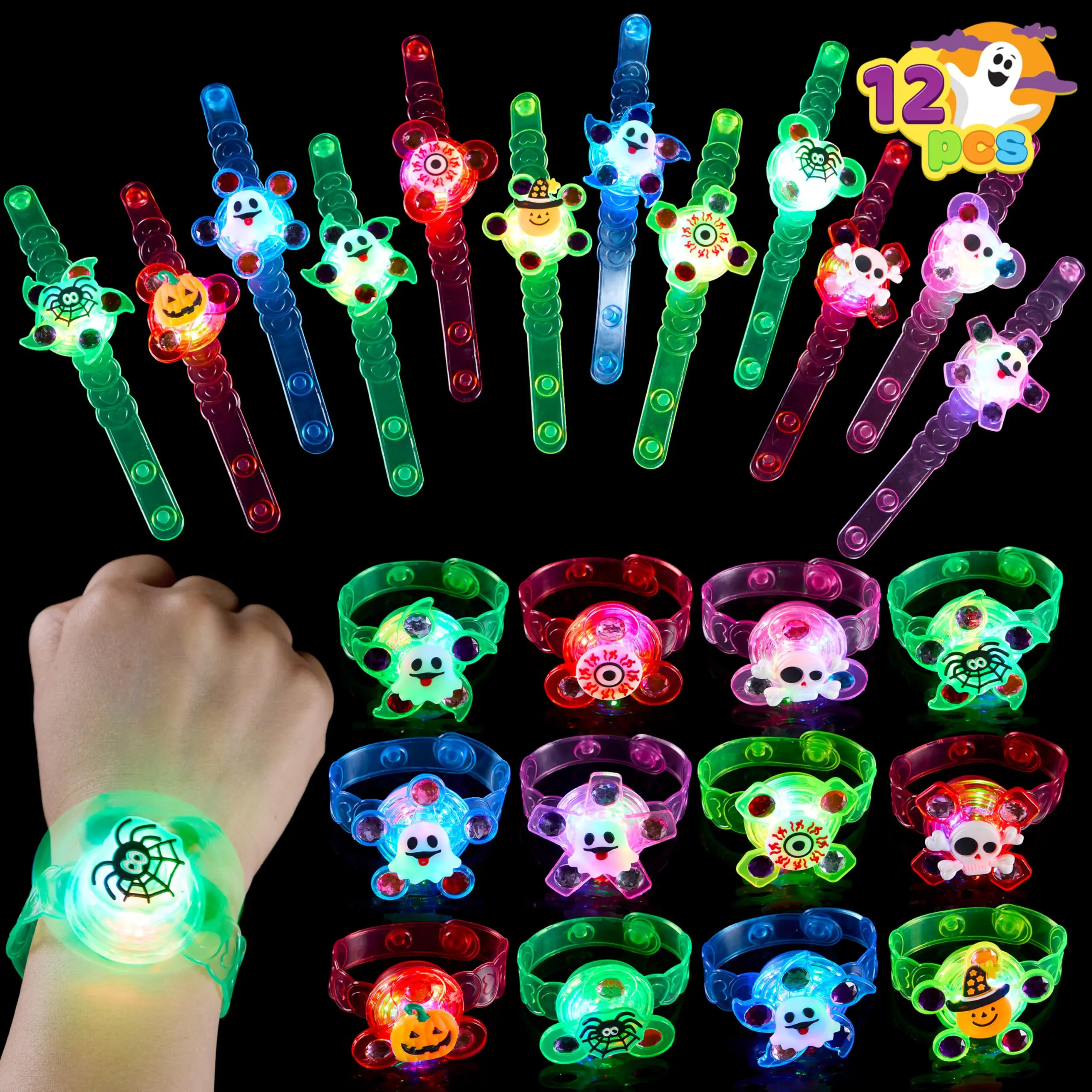12 PCS Halloween LED Light Up Bracelets, Glow Flashing Wristband Fidget Toys for Kids Gift, Glow in the Dark Party Favors, Trick or Treats for Classroom Game Prizes, Goodie Bag Fillers