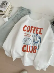 Comfortable Casual Pullover Sweatshirt for Women, Loose-Fitting Round Neck Design, Coffee Club Print for Everyday Wear, Stylish and Versatile Top for Fall and Winter