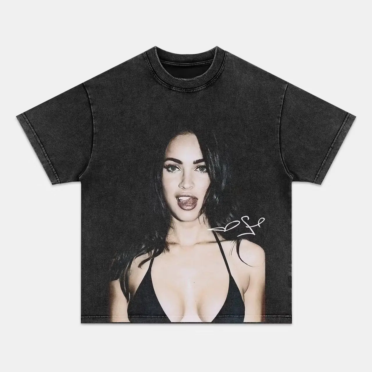 Retro Moody Tone Megan Fox Playful Tongue Out Close-Up Portrait With White Hand-Style Signature Full Front Graphic Vintage Washed Black Oversized Heavyweight Cotton Streetwear T-Shirt, Unisex Hollywood Celebrity Pop Culture Fan Apparel