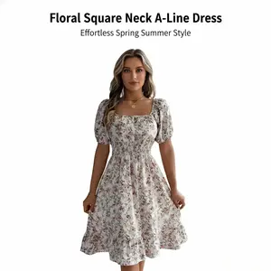 Real shot of 2026 spring/summer European and American floral square collar short sleeved waist cinched A-line skirt Amazon crossover women's clothingRAIMENTRY