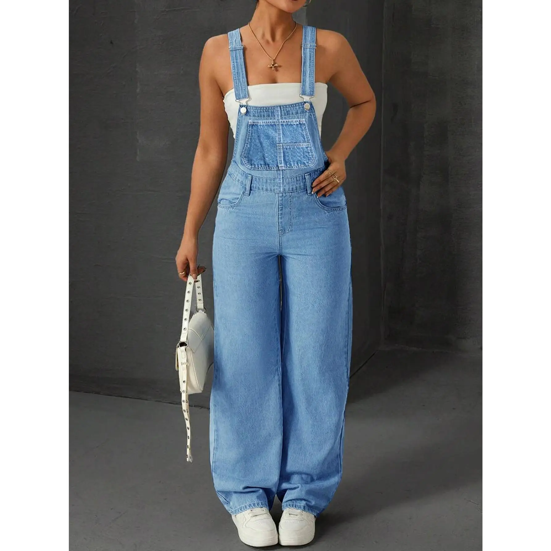 Women's fashionable Y2K casual loose denim overalls, workwear, jumpsuit, suitable for all seasons, 65% cotton